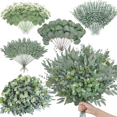 Serwalin 200PCS Mixed Eucalyptus Stems, Greenery Stems for Centerpieces | 4Kinds Faux Eucalyptus Stems Bulk, Artificial Greenery Leaves for Vase, Bouquets, DIY Floral Arrangements & Wedding Decor - color: Attractive Forest Green-200pcs
