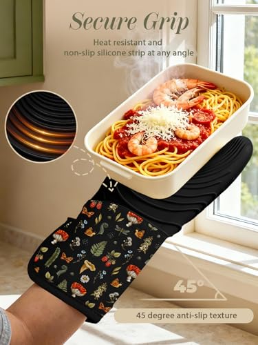 Slohif Long Silicone Oven Mitts Heat Resistant for Women - 2 Pcs Black Mushroom 100% Cotton Oven Gloves, Non-Slip and Waterproof Silicone Oven Mitts with Hanger for Baking and Cooking - color: Black Mushroom
