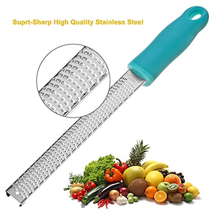 8-Inch Lemon Zester & Cheese Grater, 18/8 Stainless Steel, Blue | Fine 18/8 Stainless Steel Blade for Citrus, Parmesan, Ginger and Garlic, Soft Non-slip Handle, Cover, Dishwasher Safe - color: B-Blue