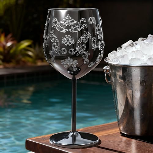 Lifecapido Stainless Steel Wine Glasses Set of 2, 18oz Etched Black Wine Goblets, Unique Wine Glasses with Intricate Baroque Engravings for Party Wedding Anniversary - color: Black