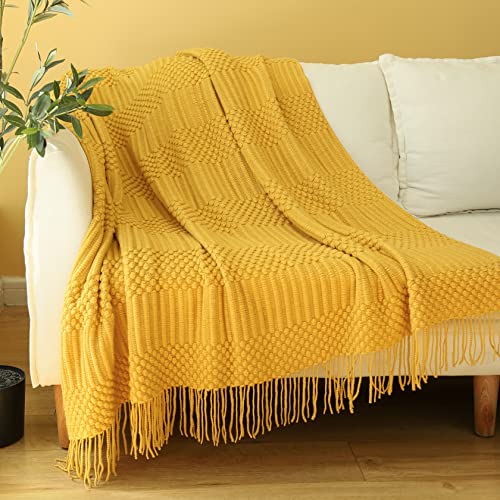 Blagic Knitted Throw Blanket for Couch, Bed and Sofa. Super Soft Blanket with Tassels, Yellow Throw Blanket, 50 x 60 Inches Lightweight & Cosy Home Decor - color: K-yellow, size: 50 × 60 in