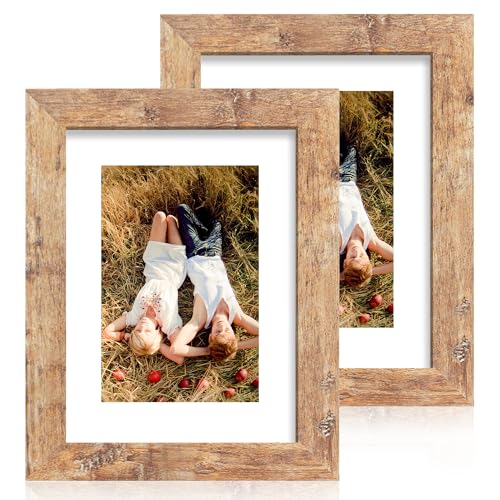 iRahmen 6x8 Picture Frame with Mat 4x6 - High Definition Real Glass Wooden Photo Frames for Tabletop Display and Wall Mounting (Rustic Brown, Set of 2) - color: Rustic Brown, size: 6X8