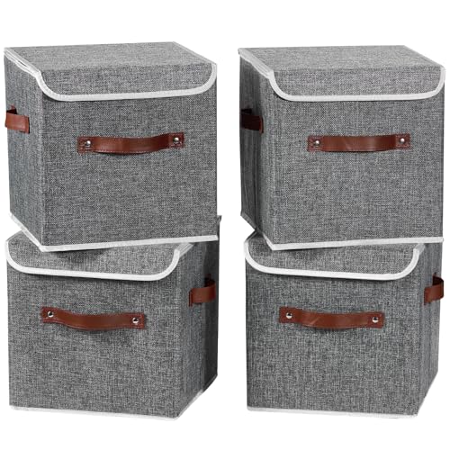 4PCS Storage Cubes with Lids Cotton Linen Fabric Bins Boxes | Decorative Foldable Washable Closet Shelf Organizer Clothes Container with PU Leather Handles, Flip-top Lid, Gray, 11in - color: Gray ( Flip-top Lid ), size: Set of 4 ( 11 in )