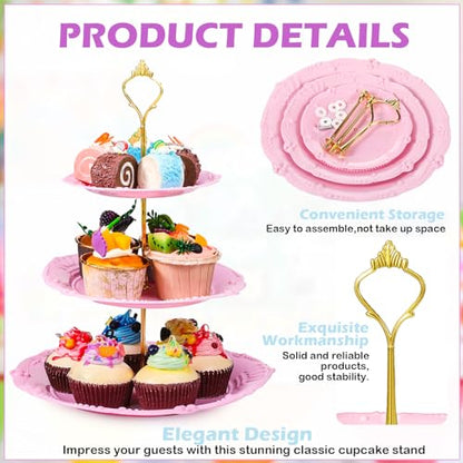 6 Pcs 3 Tier Cupcake Stand Tea Party Trays 3 Tier Serving Tray Plastic Dessert Stand Cake Fruit Candy Display Tower for Wedding Birthday Tea Party (Round,White,Pink,Green) - color: White,pink,green, size: Round