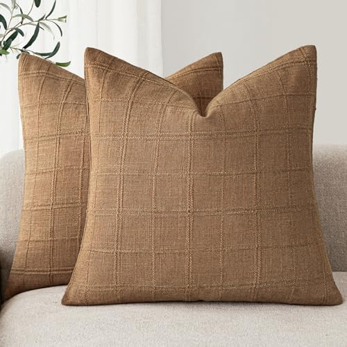 Foindtower Set of 2 Decorative Linen Check Throw Pillow Covers Neutral Farmhouse Vintage Cushion Covers Modern Boho Home Decor for Sofa Chair Couch Bedroom Living Room,16×16 Inch,Brick - color: Brick, size: 16" x 16" (Pack of 2)