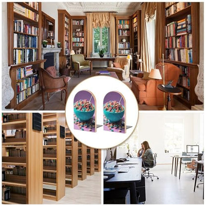 Cereal in Bowl Book Ends for Shelves Heavy Duty Non-Slip Wooden Bookends with Metal Base Modern Decorative Wooden Book Holders Book Stopper for Home Office And Library,Books Shelf Holder Organizer Acc