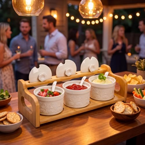 10 Pack Sauce Serving Dish with Spoons and Lids, 5 Oz | Ceramic Chip Dip Sauce Bowls with Bamboo Tray, 3 Condiment Seasoning Jars Salt Sugar Container for Snacks, Appetizers