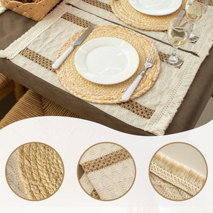 Boho Table Runner & 6-Piece Woven Placemats Set - Natural Cotton Burlap & Water Straw Combination, Bohemian Dining Decor for Kitchen & Parties