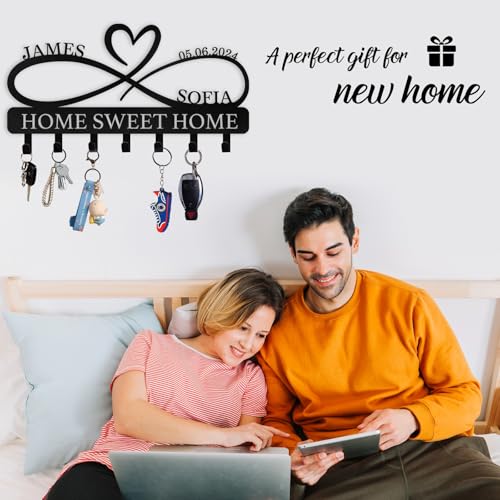 Personalized Metal Key Holder for Wall | Heart Shape Key Holder Wall Mount | Custom Couple's Name Key Rack Coat Rack | Wedding Couple Gifts | Key Holder Wall Hanging for Kitchen Bedroom Hallway - color: 07 Heart