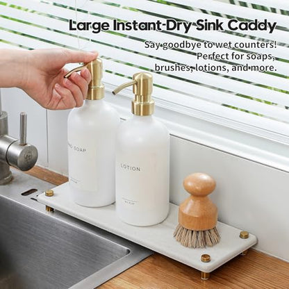 Water Absorbing Stone Sink Caddy Kitchen Sink Organizer Tray, Diatomite Bathroom Counter Tray, Gold Faucet Drying Mat Coaster Soap Dish Rack Riser Dispenser Sponge Holder, Beige 12.5" x 4.5" - color: 12.5"x 4.5" - Beige - Gold