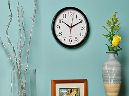 Bernhard Products Black Wall Clock Silent Non Ticking 10 Inch Quality Quartz Battery Operated Round Easy to Read Home/Office/Kitchen/Classroom/School Clock Sweep Movement - size: 10 Inch
