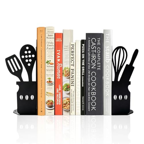 Kitchen Bookends for Shelves, Heavy Duty Metal Decorative Cookbook Holder | 1.5 mm Metal Bookends, Book Ends for Desk Office & Home Use, Book Shelf Decor Cookbook Organizer, Gift for Cooking Lovers - color: Black Cook
