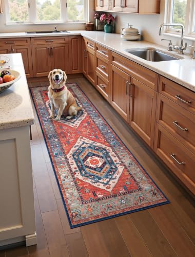 SERISSA 2x5 Washable Non Slip Boho Runner Rug for Hallway，Rust | Ultra Soft Vintage Oriental Carpet Low-Pile Tribal Floor Carpet for Kitchen Bedroom Bathroom Laundry Living Room - color: Rust/Multi, size: 2' x 5' (Runner)