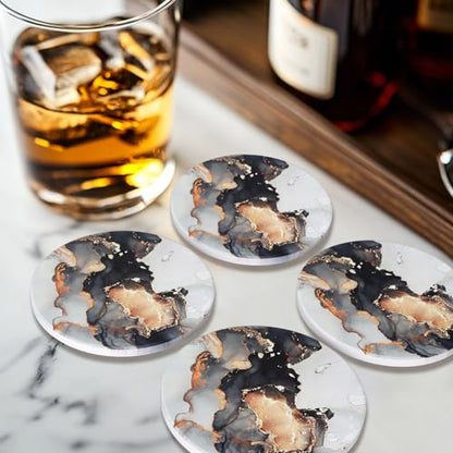 6 Pcs Black Marble Abstract Ceramic Coasters with Holder Best Round Drink Absorbent Coaster for Desk, Lounge, Coffee Table, Wine, Beverage, Bar Coasters Set - color: Black