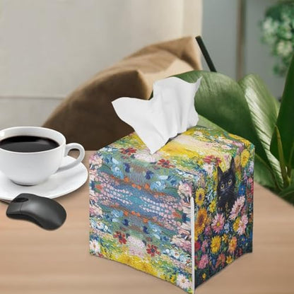 Cats Flowers Square Tissue Box Cover Facial Napkin Holder Easy to Use Dust-Proof Tissue Case for Living Room Office Bathroom - color: Cats Flowers