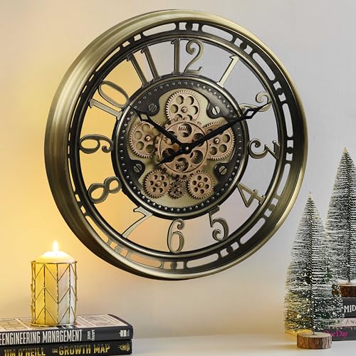 21" Large Moving Gear Wall Clock for Living Room Decor, Gold | SIilent Non Ticking, Aluminum Arabic Numeral, Cool Modern Wall Clock for Dinning Room, Entryway & Home Office - color: Arabic Brass Gold, size: 21"