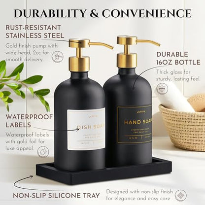 Glass Soap Dispenser Set of 2 (Black) with Silicone Tray | Hand and Dish Soap Dispenser for Kitchen and Bathroom | 16.8 Oz Glass Bottles with Stainless Steel Pump & 15 Waterproof Labels (Black/Gold) - color: Black/Gold