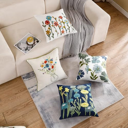 Embroidered Throw Pillow Covers 18x18 inch Pack of 2 Blue Blossoms | Durable Fabric,Square Pillow Cover,Boho Decorative,Hidden Zipper,Aesthetic Design,Ideal Gift,Machine Washable - color: Blue Blossoms