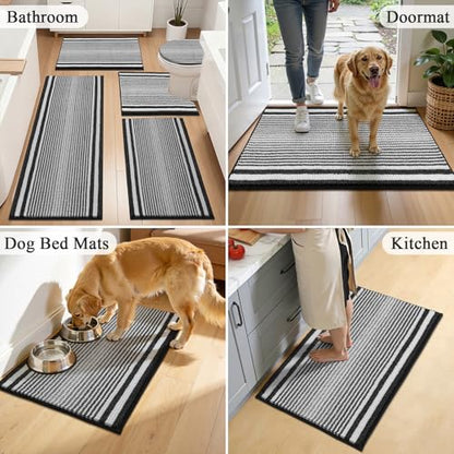 HEBE Chenille Bathroom Rugs Sets 3 Piece, Non Slip Washable Bath Mats Set | Absorbent Bathroom Mat Set, Soft Bath Rugs, Ultra Plush Bath Mat and U-Shaped Contour Toilet Rug Set for Tub Shower, Black - color: Black