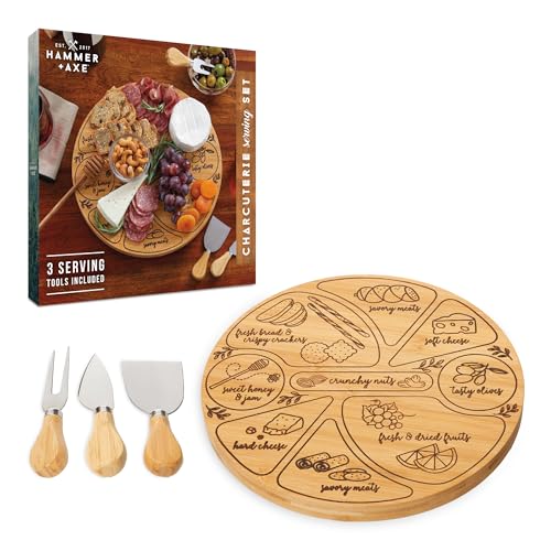 Hammer + Axe Charcuterie Board Set, Round Lazy Susan Bamboo Tray with 3 Cheese Cutter Accessories, Wooden Meat & Cheese Board, Housewarming Gift