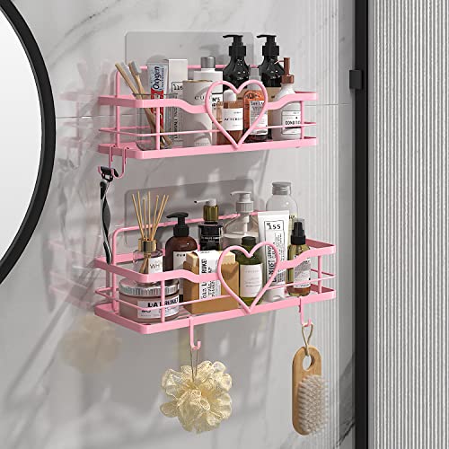 Pink Shower Caddy with 4 Removable Hooks, 2 Pack Sweet Heart Shower Shelves,No Drilling Adhesive Organizer Shelf for Bathroom Shower,Kitchen,Bedroom | Shower Shelf with 4 Removable Hooks,Holds 40 lbs,Rustproof Metal,For bathroom,kitchen,dorm,Cute Shower O