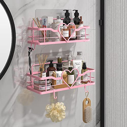 Pink Shower Caddy with 4 Removable Hooks, 2 Pack Sweet Heart Shower Shelves,No Drilling Adhesive Organizer Shelf for Bathroom Shower,Kitchen,Bedroom | Shower Shelf with 4 Removable Hooks,Holds 40 lbs,Rustproof Metal,For bathroom,kitchen,dorm,Cute Shower O