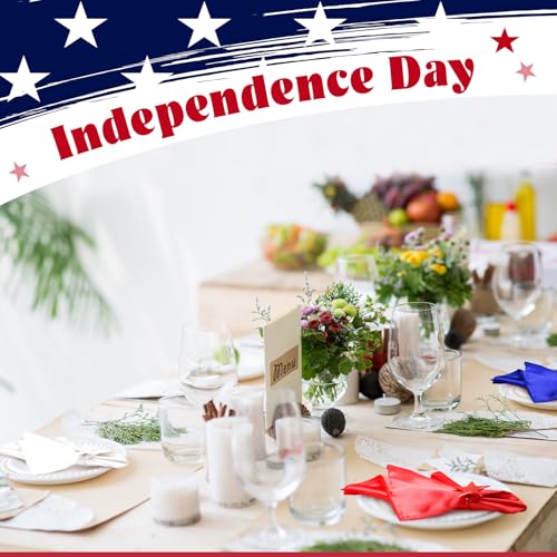 24 Pcs Patriotic Cloth Napkin with Metal Napkin Rings Set 4th of July Red White Blue Silver Star Ring Holder for 250th Anniversary Independence Day Party Dining Table Decoration