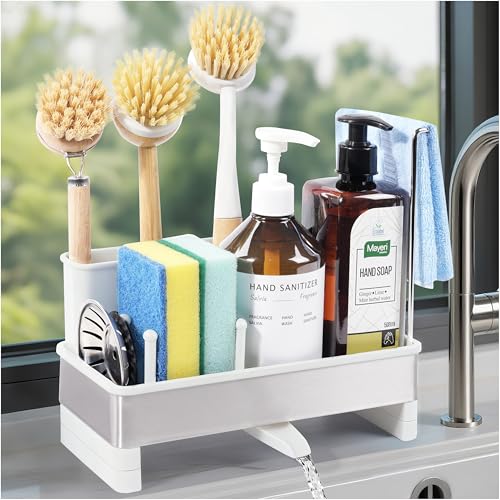 Sponge Holder for Kitchen Sink Caddy Organizer, Dish Brush Holder | Stainless Steel Sponge Caddy for Kitchen Countertop Organizer, Rustproof Dish Soap and Sponge Rack with Dishcloth Drying Rack - color: White