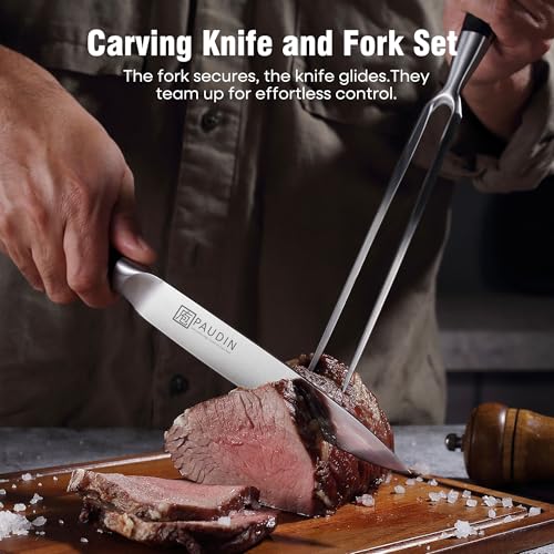PAUDIN Carving Knife Set, 8 inch German High Carbon Stainless Steel Meat Slicing Knife with 7 inch Turkey Fork, Ergonomic Full Tang G10 Handle, Dishwasher Safe,BBQ Brisket Slicer,Cooking Gifts for Men - color: Carving Knife and Fork Set - 8 inch