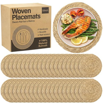 Elcoho 40 Pieces Round Woven Placemats 12 Inch Boho Rattan Placemats Farmhouse Braided Place Mats Woven Plate Chargers Rustic Wicker Table Mats for Dining Table - size: 12 Inch