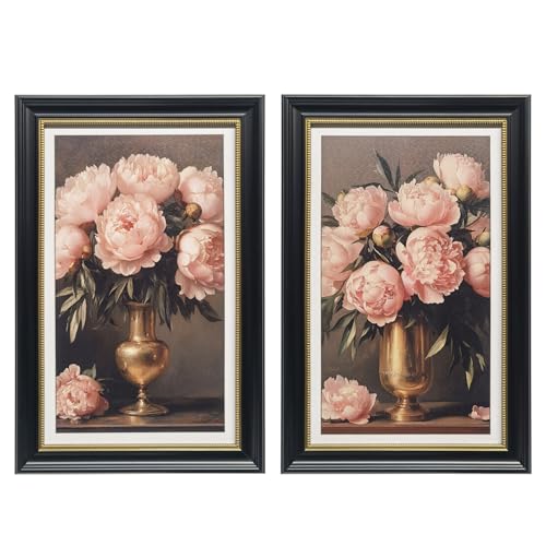 Gatheroad Large Black Framed Wall Art Set of 2, Pink Peony Floral Canvas Prints & Art Painting Artwork | Dark Moody Aesthetic Decor & Modern Pictures for Living Room, Bedroom & Above Bed, 16x24 Inch - color: Black Floral, size: 16X24inch