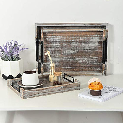 Country Rustic Torched Wood Nesting Breakfast Serving Trays with Handles, Set of 3 (Torched Wood) - color: Torched Wood
