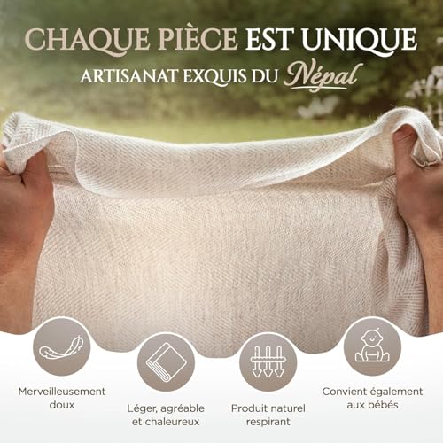 Cashmere Blanket – Hand Woven 100% Pure Wool Throw Blanket, 135 x 270 cm – Fine Herringbone Pattern Cozy, and Soft Blanket for Bed, Sofa, or Couch - Made in Nepal - color: Beige