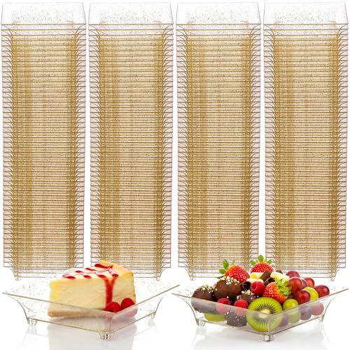 300 Pcs Mini Gold Glitter Clear Dessert Plates 1oz Disposable Appetizer Trays Bulk Small Square Plastic Dish for Party Birthday Wedding Tasting Serving Cake Salad Fruit Sauce Snack, 2.4 Inch - style: Gold Glitter Clear