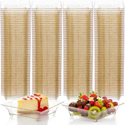 300 Pcs Mini Gold Glitter Clear Dessert Plates 1oz Disposable Appetizer Trays Bulk Small Square Plastic Dish for Party Birthday Wedding Tasting Serving Cake Salad Fruit Sauce Snack, 2.4 Inch - style: Gold Glitter Clear
