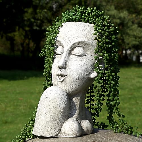 Face Head Planter Pots for Indoor Outdoor Plants Large Flower Pots Unique Succulent Planter with Drainage Hole Creative Lady Pot Resin Women Statue Vase Garden Decor- 11.4 x 8.7 x 5.5 Inch