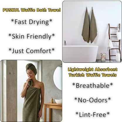 PÜSKÜL 2-Piece Natural 100% Turkish Cotton Waffle Bath Towels Extra-Large | Khaki Green 32x63" Bath Sheet Towel Light Soft Absorbent Quick-Dry Lint-Free Premium Honeycomb Weave Oeko-Tex Made in Turkiye - color: Khaki Green