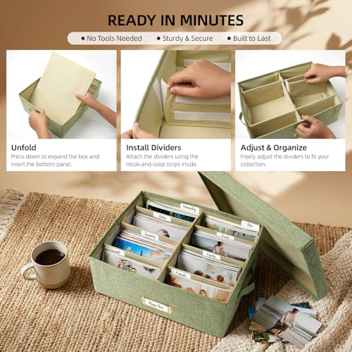 Collapsible Photo Storage Box, Adjustable Dividers - Grass Green, 35cm - color: Grass Green, size: 13.78"x11"x 5.12"