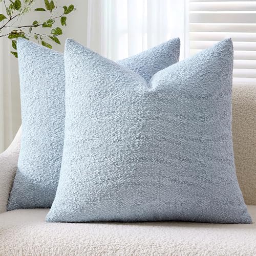 ANRODUO Pack of 2 Textured Boucle Throw Pillow Covers Soft Light Blue Decorative Accent Solid Pillow Cases Cozy Modern Couch Cushion Case for Chair Sofa Bedroom Living Room Home Decor, 20 x 20 Inch - color: Light Blue, size: 20" x 20" (Pack of 2)