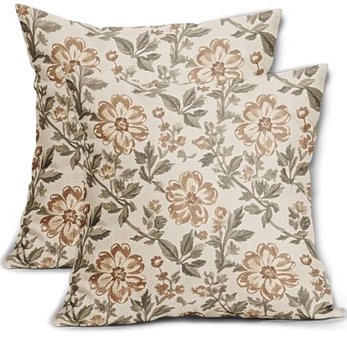 Vintage Floral Block Print Pillow Covers 16x16 Inch Set of 2, Brown Olive Green Antique Flower Pattern Decorative Throw Pillowcases Outdoor Farmhouse Cushion Covers Art Decor for Sofa Couch Bed - color: Brown Olive Green, size: 16" x 16" (Pack of 2)
