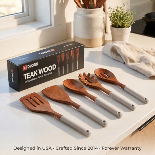 DI ORO Wooden Kitchen Utensil Set - 5-Piece Wooden Spoon & Spatula Set - Nonstick Cookware Safe Teak Wood Cooking Utensils - Heat-Resistant Kitchen Utensils Set with Silicone Handles (Soft Grey) - color: Soft Grey