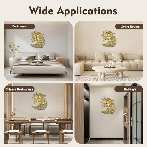 Large Peacock Wall Clock, 29.5" Luxury 3D Wall Clock Non-Ticking Silent Gold Metal Decorative Wall Clock Art Digital Wall Decor for Living Room Bedroom Office - size: 25.59*29.53in