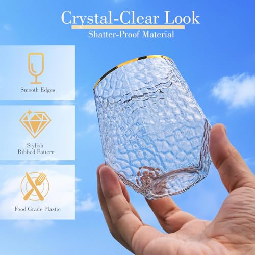 48 Pack Plastic Wine Glasses – 24 x 9oz Stemless Champagne Flutes & 24 x 12oz Disposable Wine Glasses – Plastic Cups with Gold Rim – BPA-Free Drinkware for Weddings, Parties (Gold Rim Hammered) - color: Gold Rim Spiral