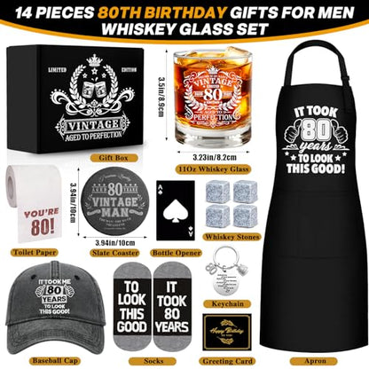 80th Birthday Gifts for Men Whiskey Glass Set, 80th Birthday Party Supplies with 11 Oz Whiskey Glass Coaster Stone Baseball Cap Apron Sock Toilet Paper Keychain for Him, Dad, Husband, Friends - style: 80th Birthday