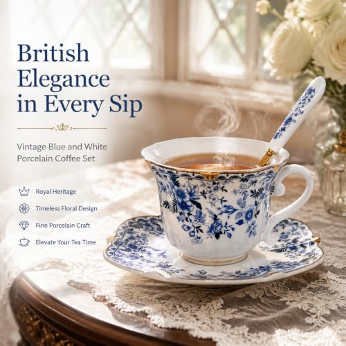 Noviko Blue and White Floral Teacup and Saucer Set with Spoon, 6 oz - color: Blue