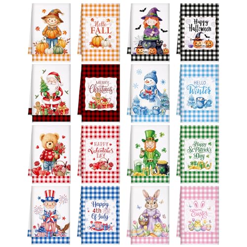16 Pcs Seasonal Kitchen Towels Set for All Holidays Spring Easter Summer Hand Dish Tea Towels Bulk Absorbent Dishcloths Housewarming Gift for Cooking Kitchen Bathroom - color: Buffalo Plaid Color, style: Seasonal