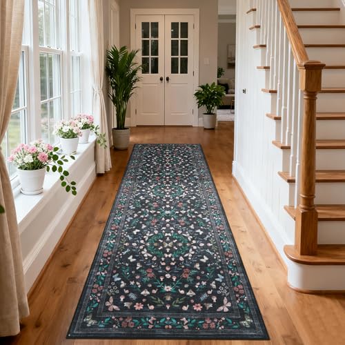 GarveeHome 2x6 Washable Runner Rug for Hallway Non Slip Floral Kitchen Rugs | Vintage Low Pile Bug Rug for Entryway Laundry Room Bedroom Dorm Stain Resistant Non-Shedding Soft Indoor Capret, Black - color: Black, size: 2'x6'(Runner)