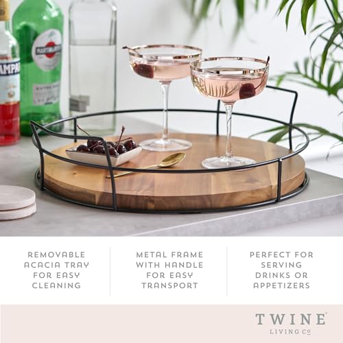 Twine Acacia Wood Cocktail Tray, Outdoor Entertaining, Easy Carry Handles, Removable Frame, Drink and Appetizer Tray, Set of 1 - style: Modern Round