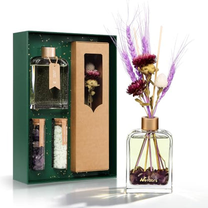 Reed Diffuser Home Fragrance Set 6oz with Real Dried Flowers & Natural Crystal Stones for Positive Energy – DIY Aromatherapy Gift, Safe for Kids and Pets (Violet Spirit)