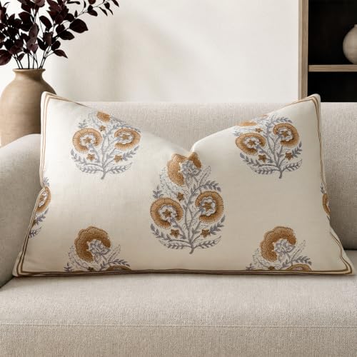 YCOLL Vintage Floral 14x24 Lumbar Pillow Cover for Bed Pack of 1, Double-Sided Botanical Print Decorative Long Pillowcase Farmhouse Cushion Cover for Sofa Couch Living Room, Cognac Brown (Cover Only) - color: Cognac Brown, size: 24" x 14" (Pack of 1)
